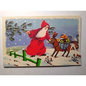 Vintage Fold-Out Christmas Postcard Featuring Santa Claus with Donkey Diecut